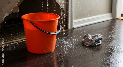Ceiling leak drips water into colorful bucket on wooden floor, causing indoor water damage; wet cloth nearby highlights home repair problem.