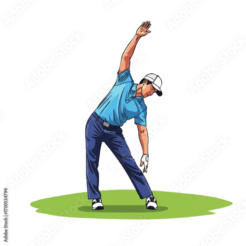 Vector Illustration of Golfer Swinging in Modern Minimalist Style with Blue and Green Colors for Sports and Recreation Design