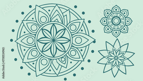 Four intricate mandala designs in teal outline on a light mint background.