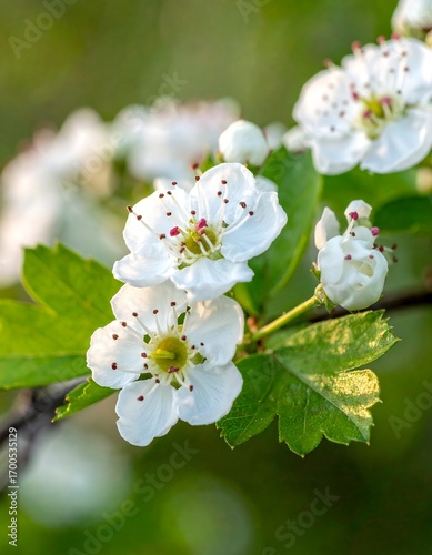 Delicate white blossoms cluster on a branch, vibrant green foliage surrounds them in a springtime setting.