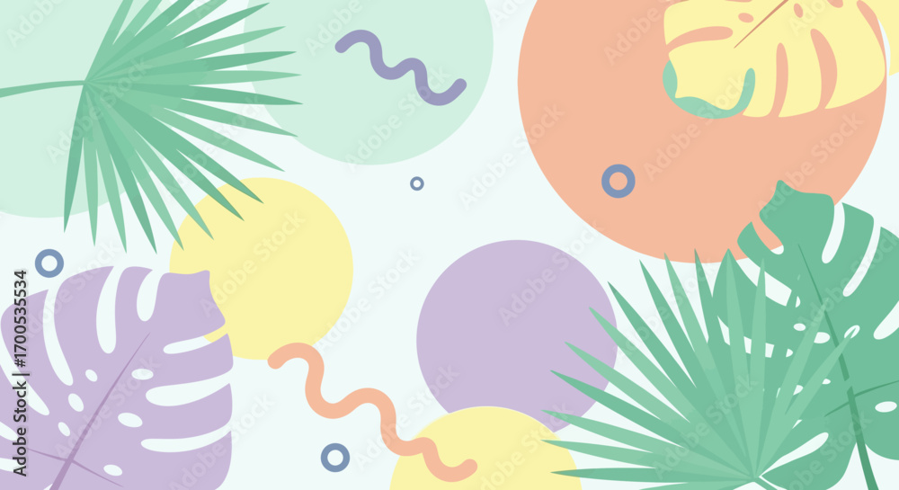Fototapeta premium Pastel Tropical Leaves and Abstract Shapes on a Minimalist Summer Background