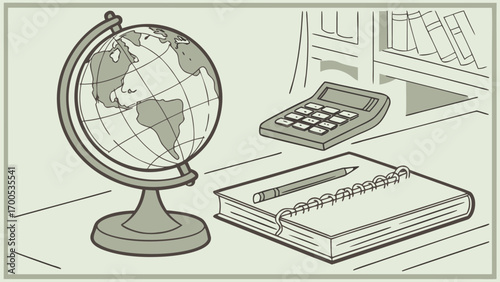 A desk with a globe, calculator, notebook, and pencil, suggesting education or study.