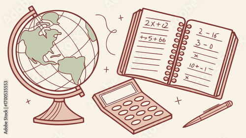 An illustration of a globe, notebook, calculator, and pen, representing education and learning.