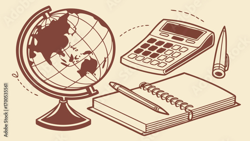 Illustration of a globe, calculator, notebook, and pen on a beige background.