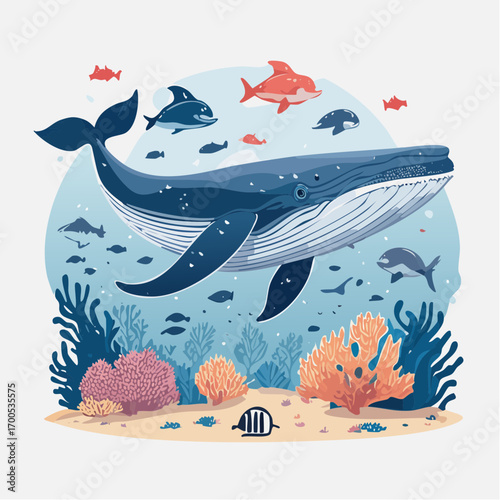Funny whale diving together in the clear ocean with clean inveronment. Animal conservation concept