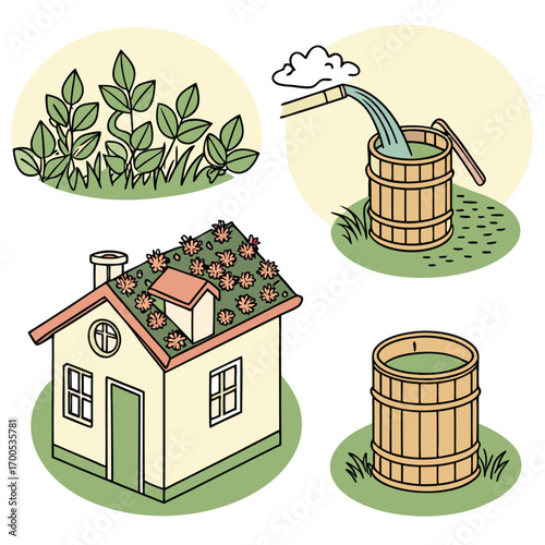House with plants on roof and water collection flowers
