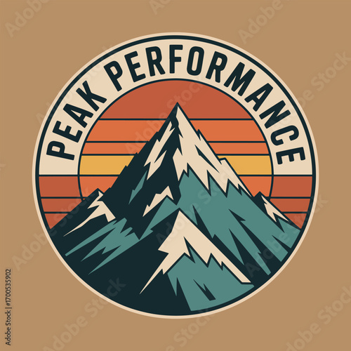 Retro circular emblem featuring a stylized mountain peak with the text peak performance against a sunset background