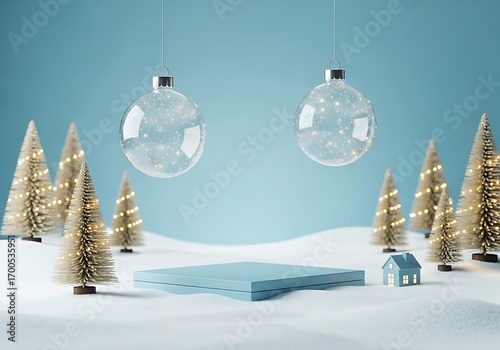 Festive winter scene with christmas trees and ornaments