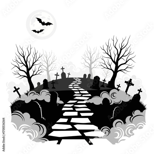 Spooky halloween cemetery pathway moonlit night haunted graveyard scene illustration