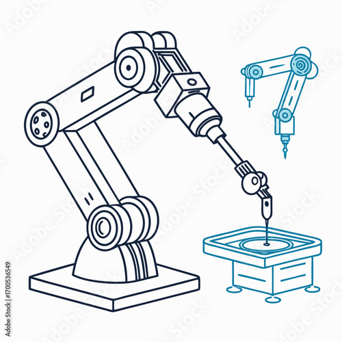 Industrial Robotic Arm and Manufacturing Machine Illustration Keywords: robot arm, industrial