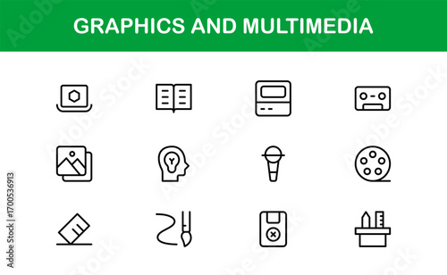 Linear multimedia and graphics icons for creative visuals. Enhance professional apps, websites, and branding with modern, premium, and versatile designs.