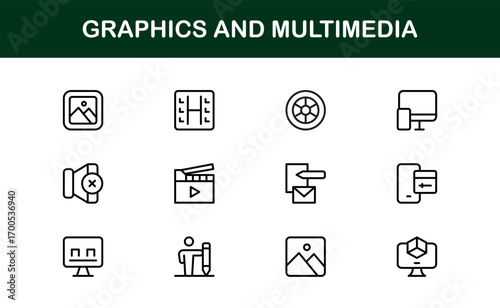 Outline multimedia and graphics icons for professional visuals. Enhance branding, apps, and presentations with clean, versatile, and modern designs.