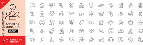 Charity and Donation icons set. Containing Help, caring, donate, donor, love, support, solidarity, alms, donate, volunteer, care, charity and more. Editable stroke. Outline icons. Vector illustration.