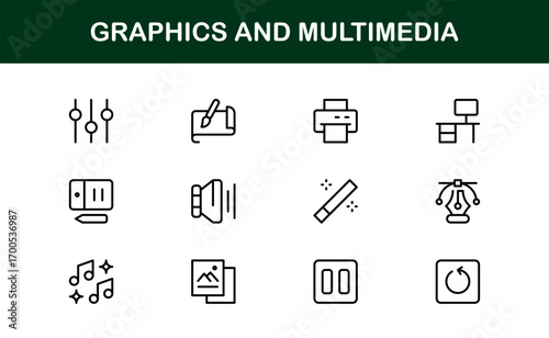 Linear graphics and multimedia icons for creative branding. Enhance digital presentations, apps, and websites with clean, modern, and professional visuals.