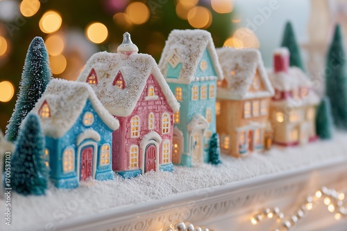 Miniature holiday village with colorful houses and snowy rooftops, beautifully arranged on a mantel, creating a festive atmosphere with twinkling lights and decorations