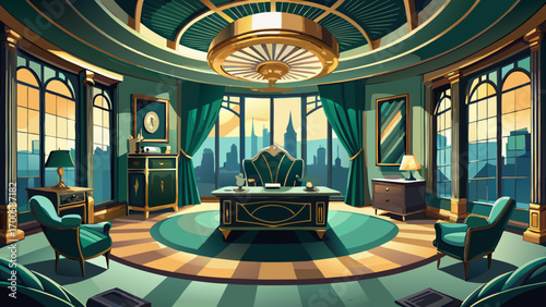 Stunning panoramic 360 view of an art deco executive office, highlighting a lacquered black desk, emerald velvet chair, geometric mirrors, and brass accents, radiating vintage glamour and high-end sty