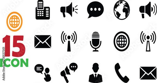 Collection of Communication and Technology Icons with Globe and Fax Machine Keywords: communication, technology, icons, set