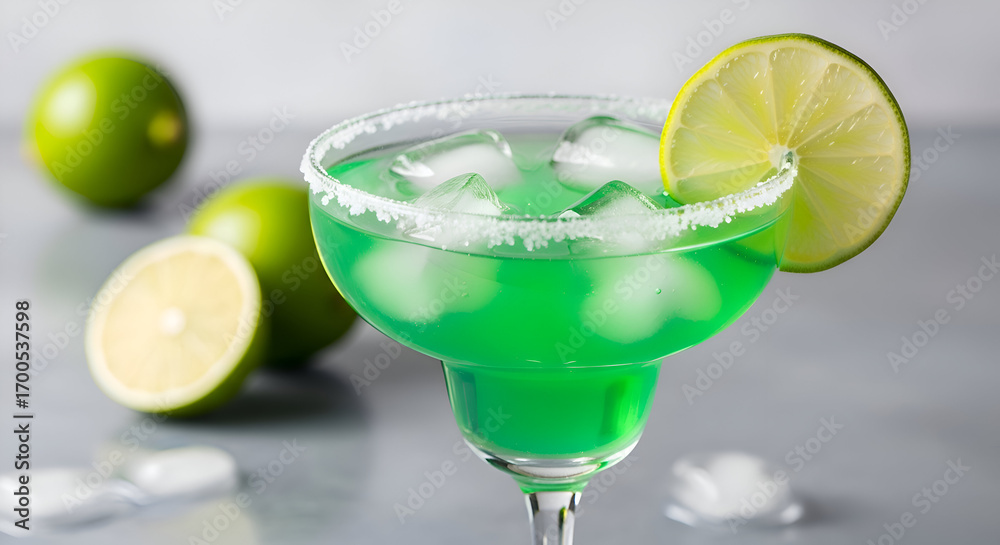 Fototapeta premium Green margarita with lime and salt rim on a grey table