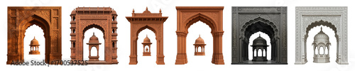 Ornate Indian architectural arch set including carved sandstone, grey, and white structures isolated. Heritage and cultural design elements.