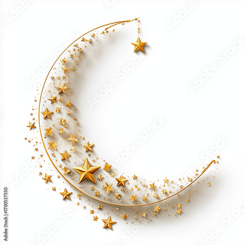 Golden Crescent Moon with Shining Stars on White Background