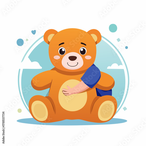Adorable small child happily hugging a large teddy bear tightly, looking secure at his shoulder. Child comfortable protection concept