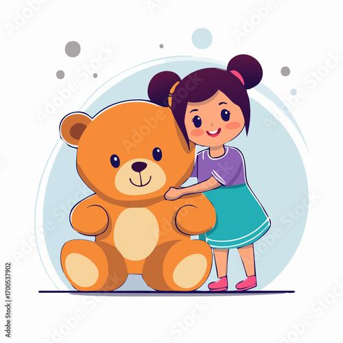 Adorable small child happily hugging a large teddy bear tightly, looking secure at his shoulder. Child comfortable protection concept