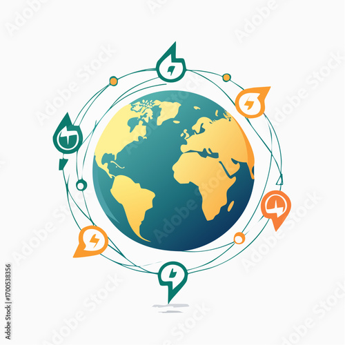 Stylized globe encircled by interconnected electrical circuits and internet connection aroun the world