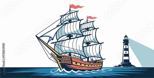 Vintage sailing ship navigating the ocean near a lighthouse, isolated on white background