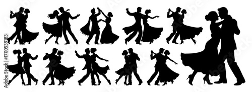 Elegant Couple Dancing Silhouette Vector Collection, Minimal Black Flat Design on Transparent Background