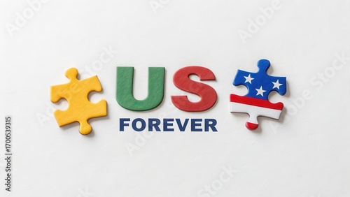 Colorful Puzzle Pieces Forming US Forever on White Background