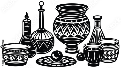 A set of hand-drawn illustrations of wine bottles and vases, decorated with traditional clay pottery patterns