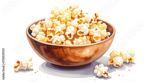 A delightful depiction of popcorn in a rustic bowl, showcasing warm hues and a charming artistic style.