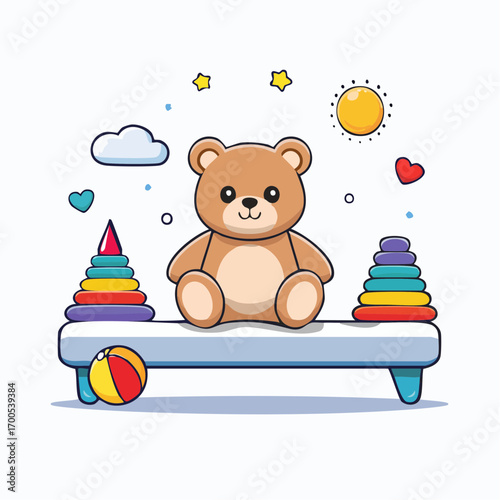 Teddy bear sitting on a child's bed, surrounded by colorful building block and funny sky