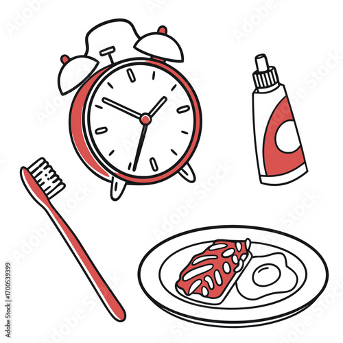 Morning routine icons with food alarm clock toothbrush