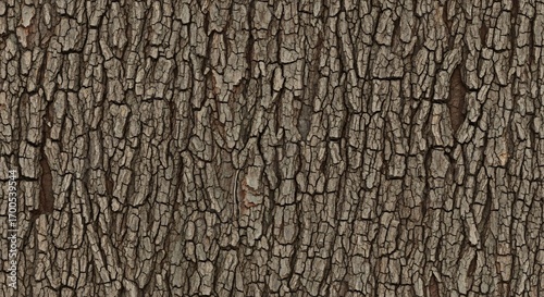 Closeup of tree bark It has deep vertical ridges with numerous cracks and rough textures