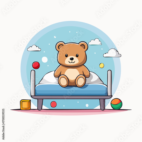 Teddy bear sitting on a child's bed, surrounded by colorful building block and funny sky