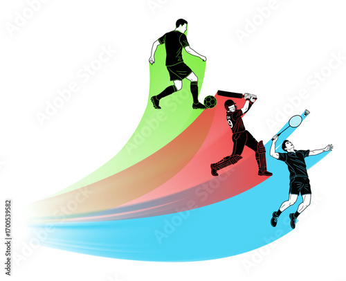 Athletic Ascendance: Capturing the essence of motion and skill, this dynamic illustration showcases an ascent of athletic prowess across football, cricket, and badminton.