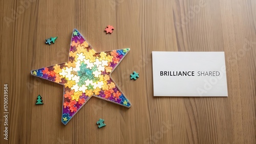 Colorful Puzzle Star with Inspirational Message on Wooden Surface