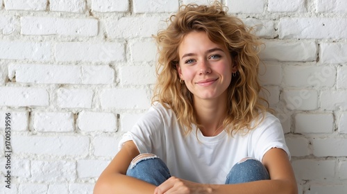 A woman sitting on the ground in front of a white brick wall