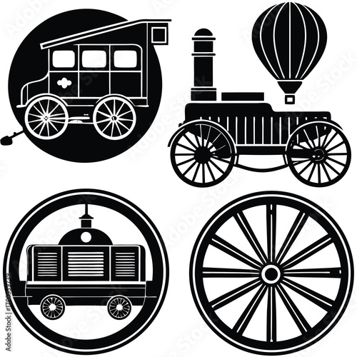 A classic set of vintage cars and carriages showcases various retro vehicle illustrations and antique transport designs