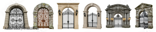 Grand entrance gate set including diverse stone, iron, and carved archway styles isolated. Architectural design elements.