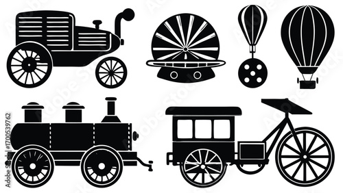 Antique steam engine locomotive with vintage carriage and retro wheels illustration