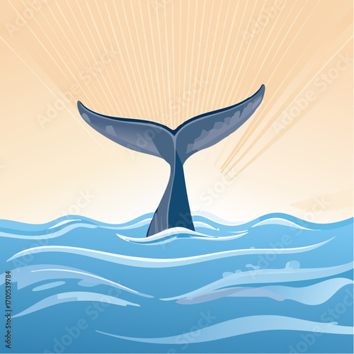 Whale's powerful tail flukes gracefully disappearing beneath the ocean with sunset background