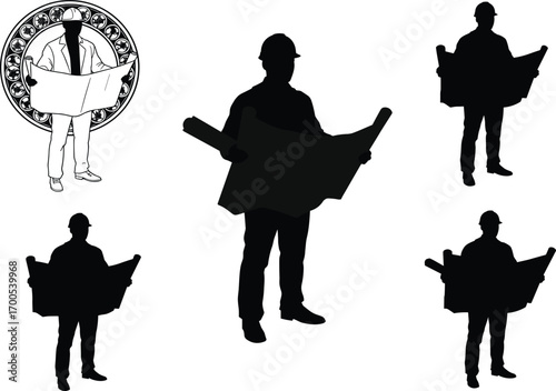 Architect silhouette illustration set featuring blueprint gestures, hard hats, and framed detail for construction design, education, and merch
