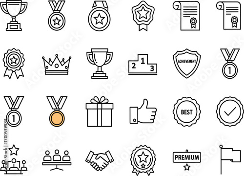 Award icon set, black line style, cartoon achievement symbols, vector illustration, trophy graphics, recognition pack, certificate design bundle