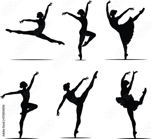 Ballet dancer silhouette set featuring graceful poses, extended legs, and expressive arm gestures for design, education, and merch