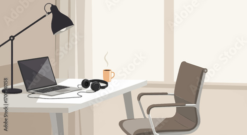 Cozy home office setup laptop, headphones, lamp, and a steaming mug, creating a relaxing atmosphere