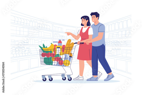 Couple Grocery Shopping: Illustration of a happy couple pushing a full shopping cart in a supermarket, browsing shelves with various food products.