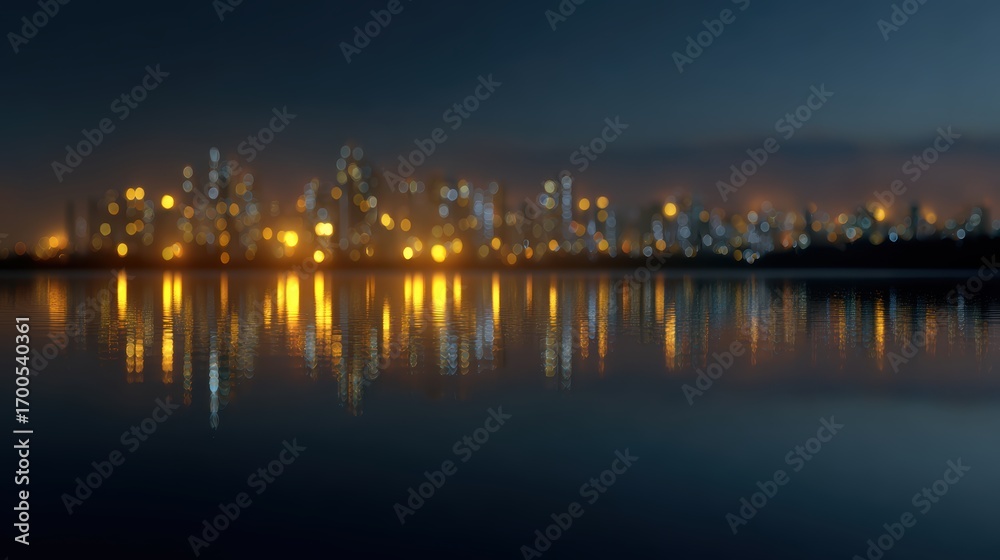 Obraz premium dark night city skyline background with glowing lights and reflections