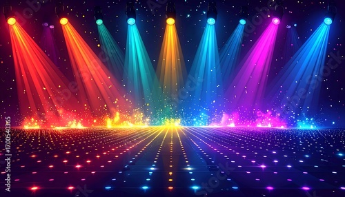 A vibrant stage bathed in colorful spotlights, featuring a dazzling array of glowing lights and sparks on the floor, creating a dynamic and energetic atmosphere.